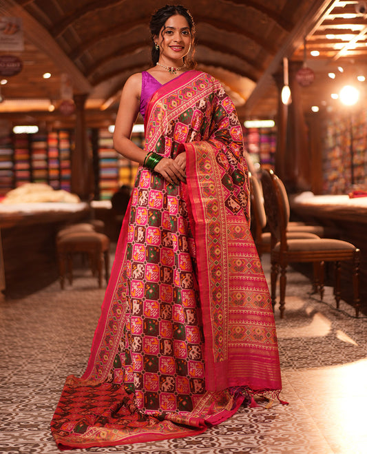 Pink Intricate Motif Semi-Patan Patola Saree, Patola Printed Tissue Border, and a Matching Blouse