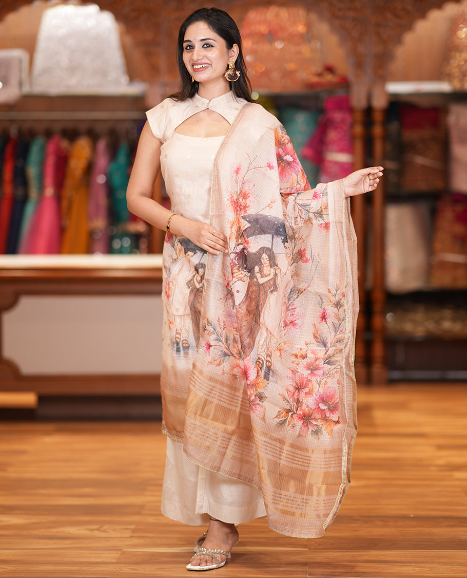 Chikku Net Kota Material Chudidar Set, Couple Printed Top, a Plain Bottom, Couple Printed Dupatta