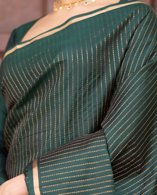 Dark Green Muthu-Striped Mayuri Silk-Mix Saree, a Piping Border, Kili-Motif Pallu, and Matching Blouse