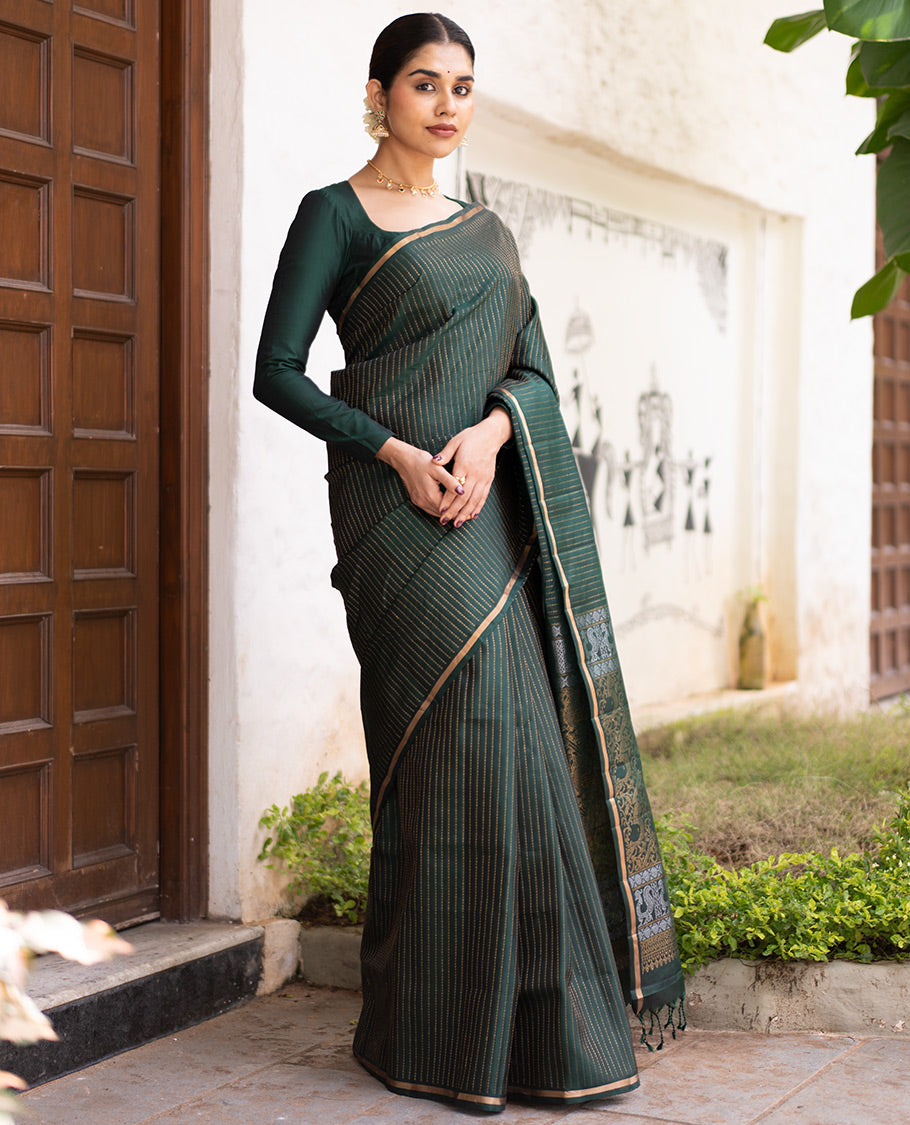 Dark Green Muthu-Striped Mayuri Silk-Mix Saree, a Piping Border, Kili-Motif Pallu, and Matching Blouse