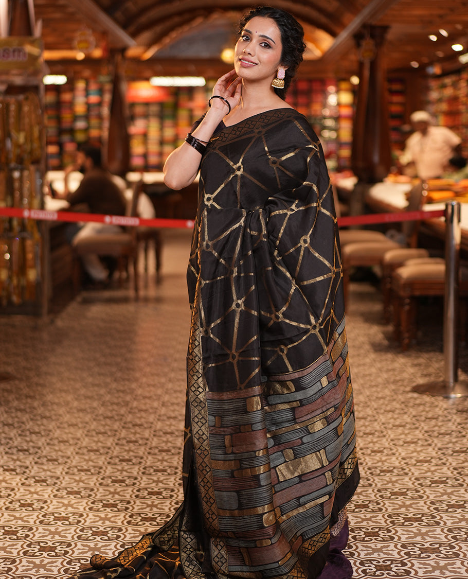 Black Chanderi Cotton Saree, Bedecked with Geometric Web-Patterns Weave On Its Body, Subtle Geometric Border, Pallu of Geometric Weave, and Paired with a Matching Blouse