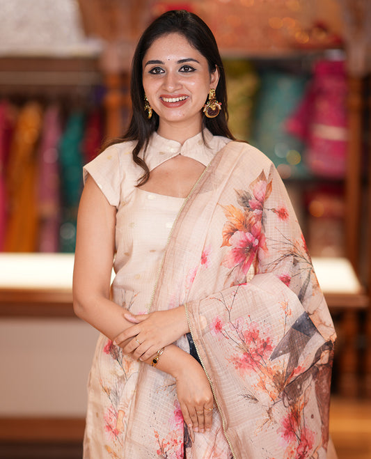 Chikku Net Kota Material Chudidar Set, Couple Printed Top, a Plain Bottom, Couple Printed Dupatta