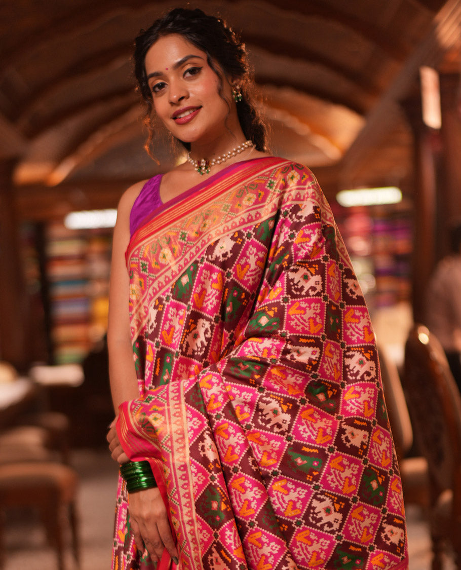 Pink Intricate Motif Semi-Patan Patola Saree, Patola Printed Tissue Border, and a Matching Blouse