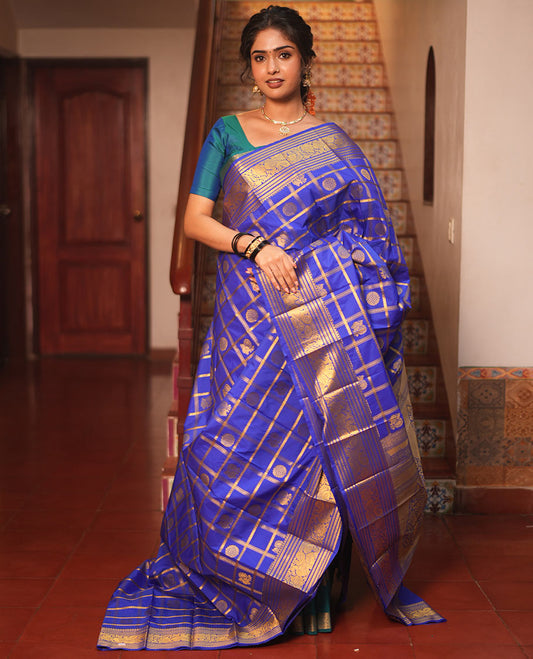 Ink Blue Budget Silk Saree, Peacock-Chakra Checks, a Traditional Border, Grand Pallu, Matching Blouse