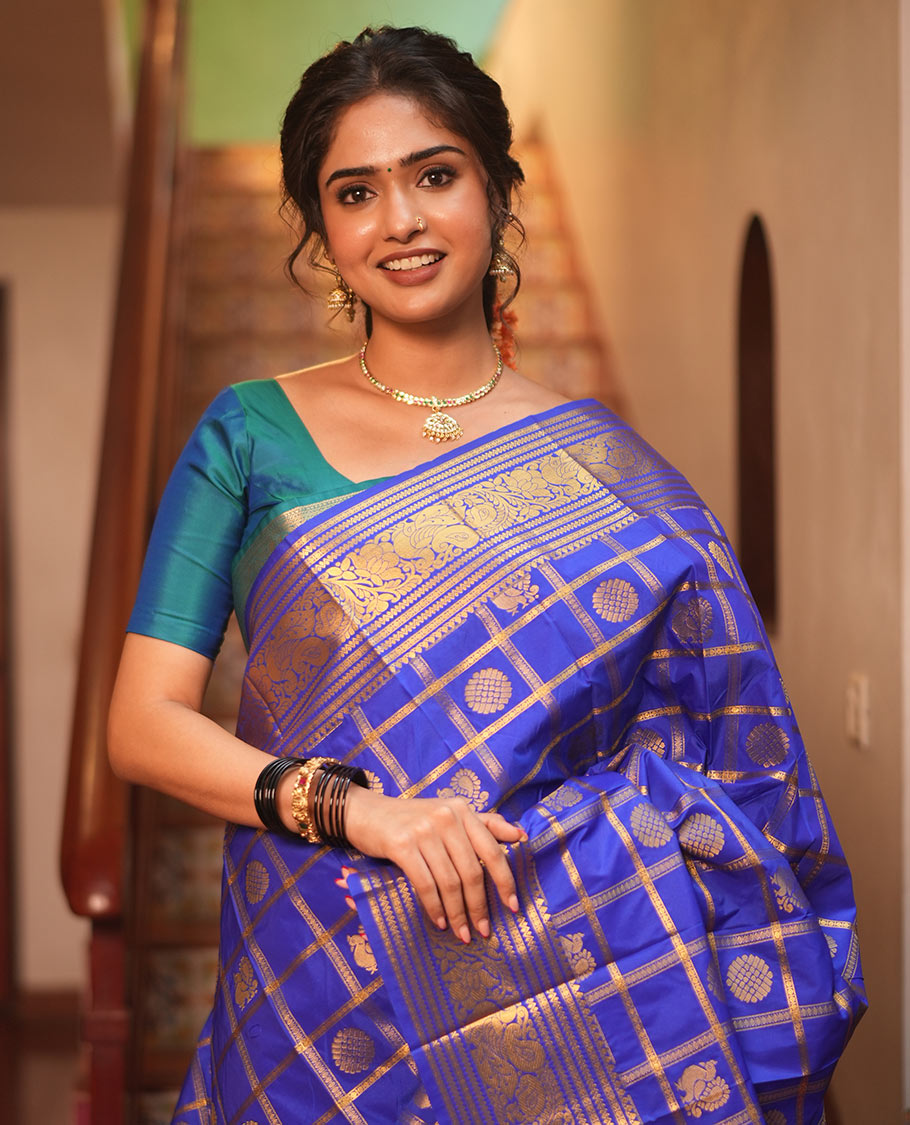 Ink Blue Budget Silk Saree, Peacock-Chakra Checks, a Traditional Border, Grand Pallu, Matching Blouse