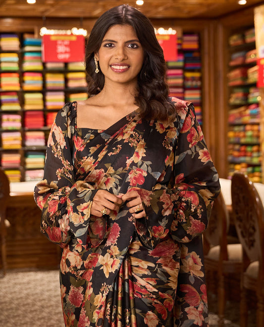 Borderless Black floral nara chiffon saree with self pallu along with plain blouse