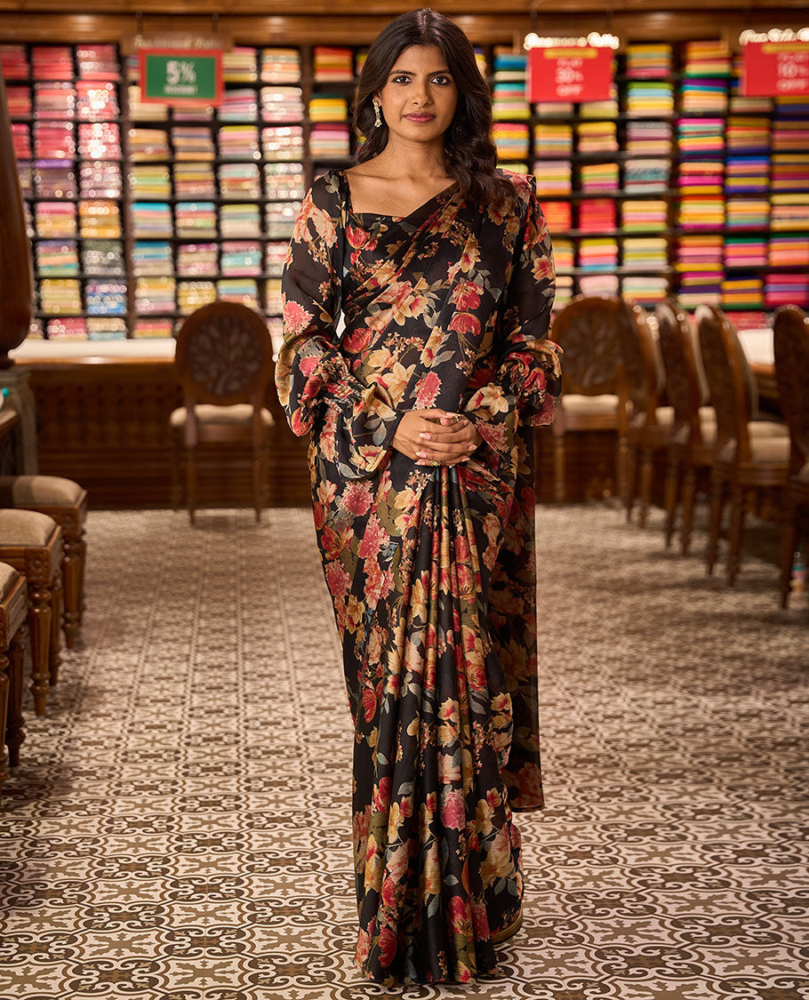 Black colorful floral design digital printed Nara Chiffon blouse material