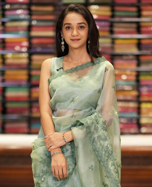 Pista green embroidered tissue organza saree with floral embroidery, scallop border & embroidery pallu along with embroidered blouse