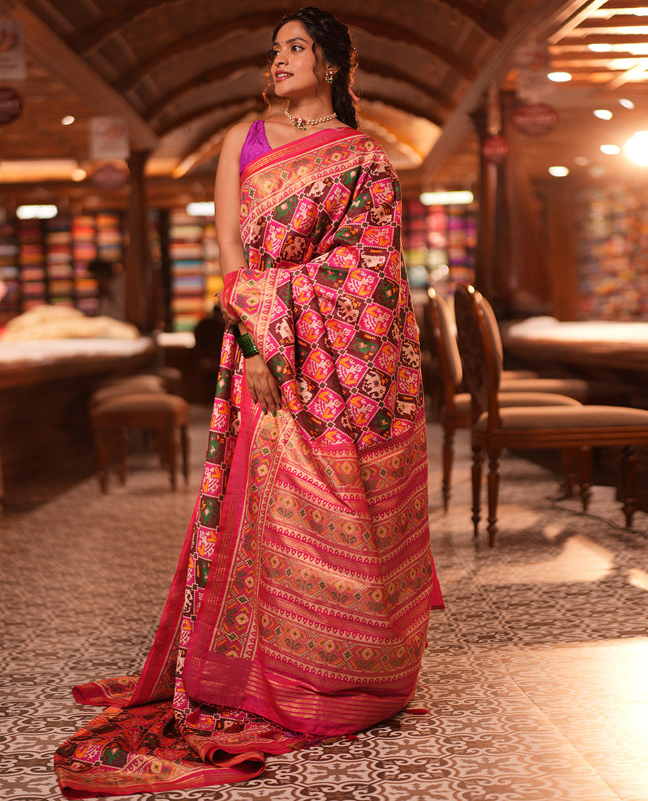 Pink Intricate Motif Semi-Patan Patola Saree, Patola Printed Tissue Border, and a Matching Blouse