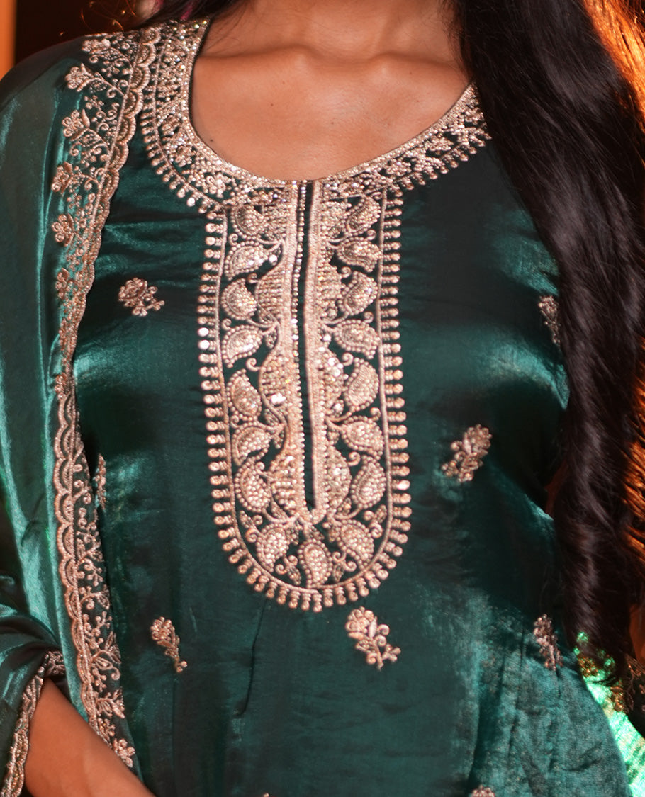 Peacock Green Fendi Organza Material Churidar Features Embroidered Top, a Santoon Bottom, a Scallop Embroidered Dupatta