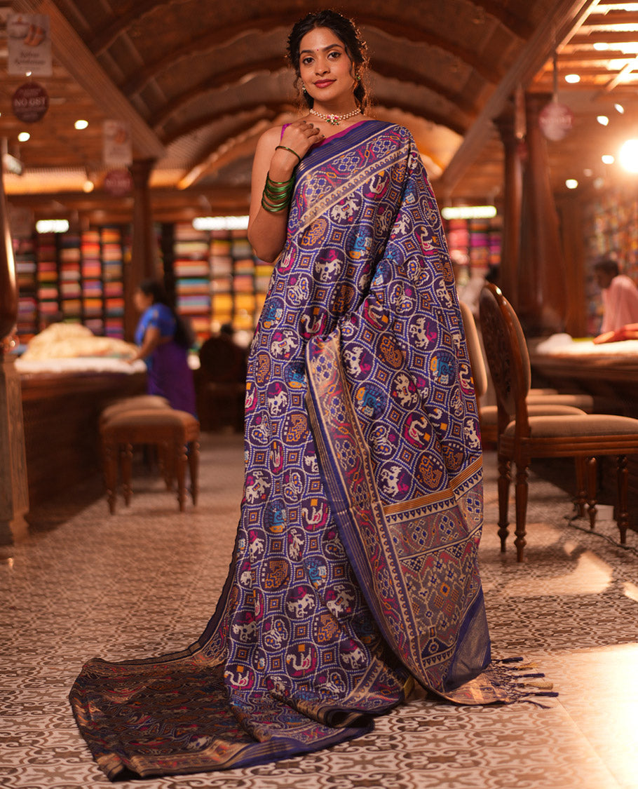 Navy Blue Intricate Motif Semi-Patan Patola Saree, Patola Printed Tissue Border, and a Matching Blouse