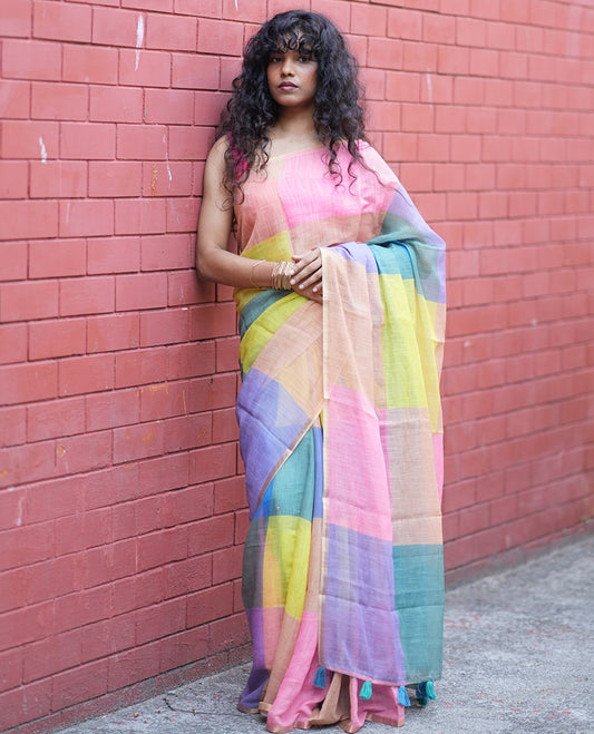 Borderless Yellow Linen Cotton Saree, Macro-Checked Design on Its Body, a Self-Pallu, and Contrast-Printed Blouse