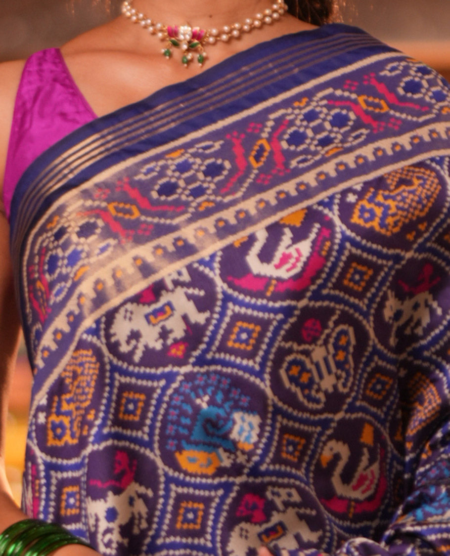 Navy Blue Intricate Motif Semi-Patan Patola Saree, Patola Printed Tissue Border, and a Matching Blouse