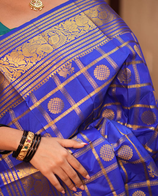 Ink Blue Budget Silk Saree, Peacock-Chakra Checks, a Traditional Border, Grand Pallu, Matching Blouse