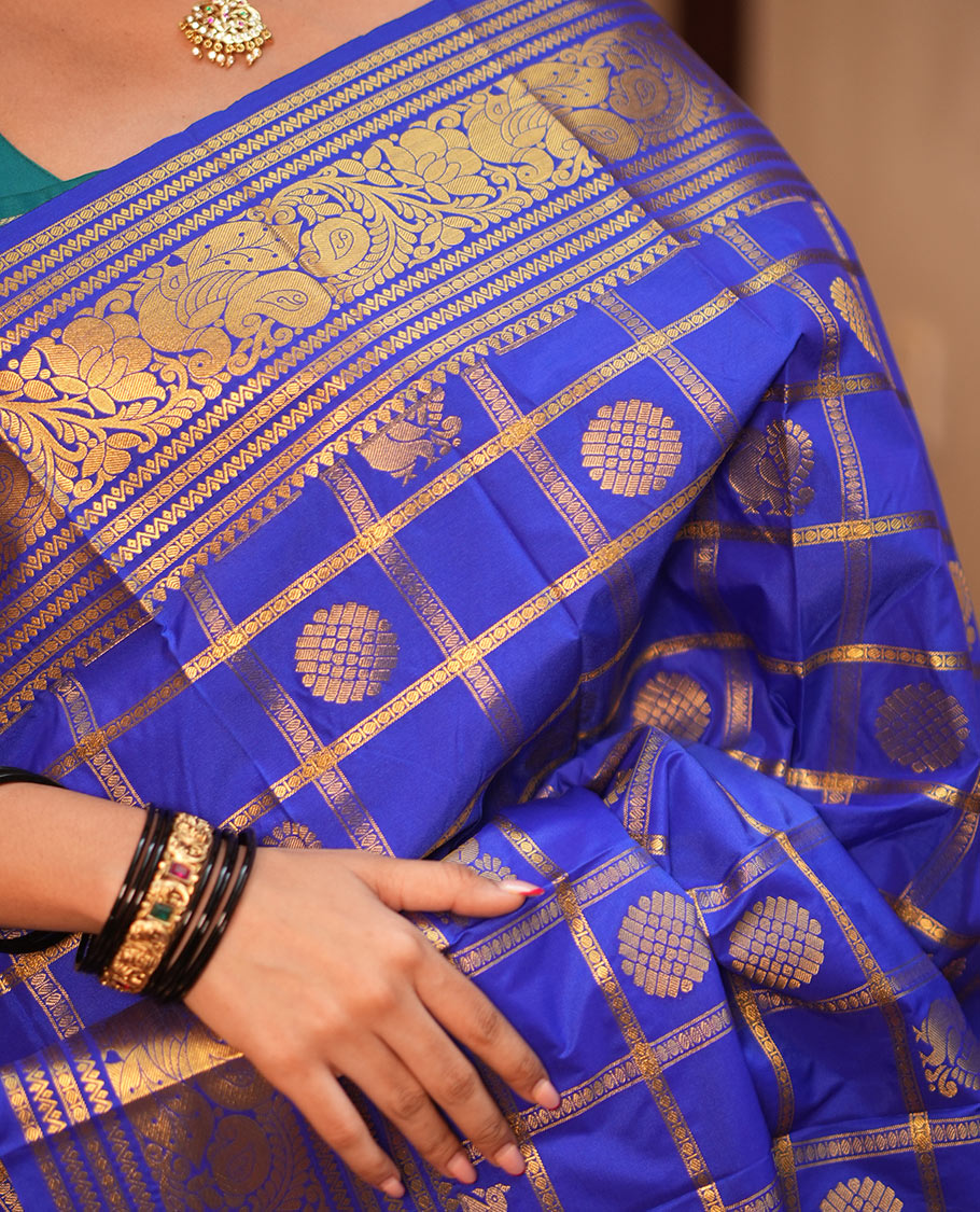 Ink Blue Budget Silk Saree, Peacock-Chakra Checks, a Traditional Border, Grand Pallu, Matching Blouse