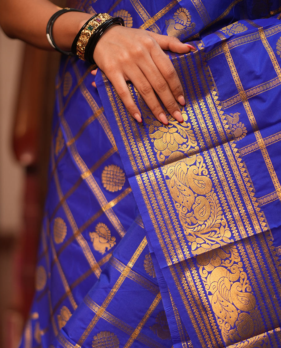 Ink Blue Budget Silk Saree, Peacock-Chakra Checks, a Traditional Border, Grand Pallu, Matching Blouse