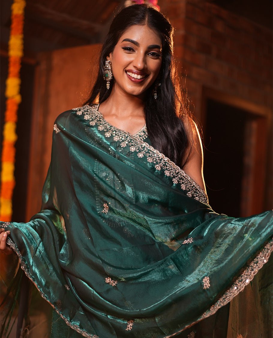 Peacock Green Fendi Organza Material Churidar Features Embroidered Top, a Santoon Bottom, a Scallop Embroidered Dupatta