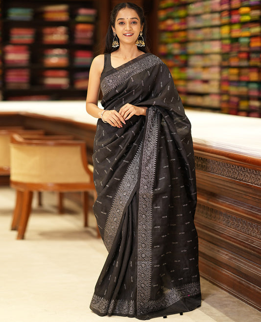 Black butta embroidery matka saree with flower design, zari embroidery border & buuta design pallu alogn with plain blouse