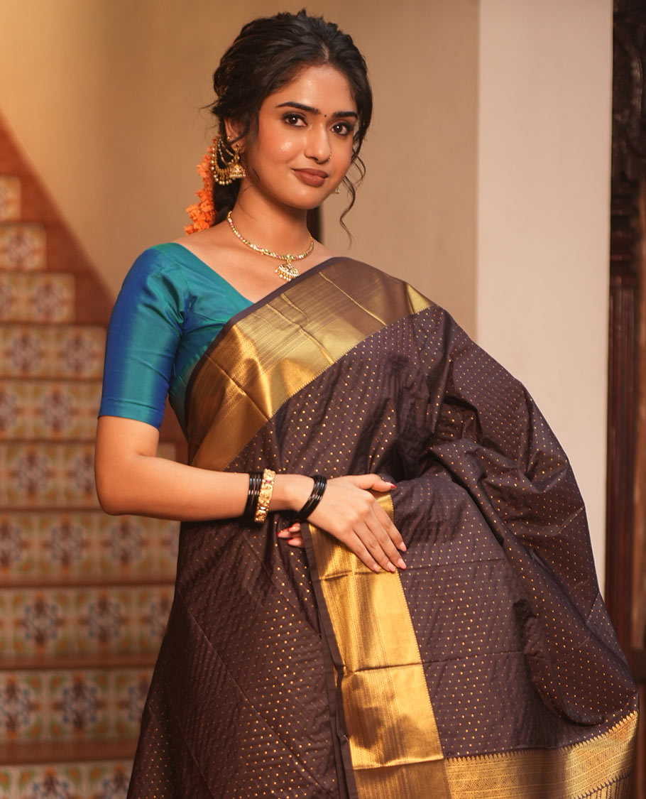 Coffee Brown Budget Silk Saree Features Zari Buttas, Getti Zari Border, Grand Pallu, a Matching Blouse