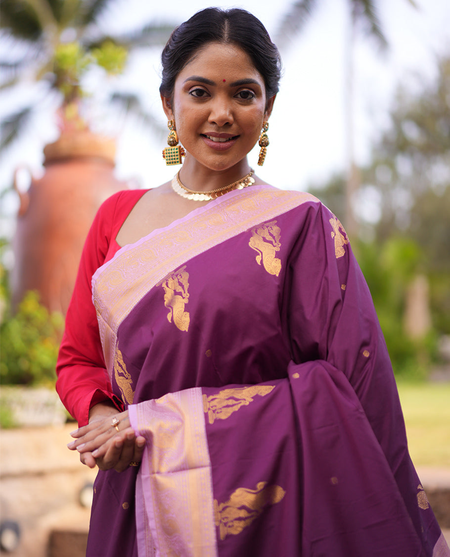 Purple Lion-Elephant Motif Budget Silk Saree, a Contrast Zari Border, and a Contrast Blouse