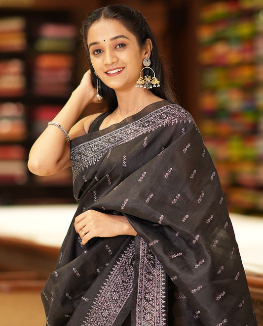 Black butta embroidery matka saree with flower design, zari embroidery border & buuta design pallu alogn with plain blouse