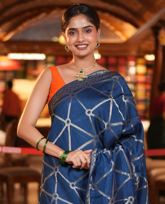 Royal Blue Chanderi Cotton Saree, Bedecked with Geometric Web-Patterns Weave On Its Body, Subtle Geometric Border, Pallu of Geometric Weave, and Paired with a Matching Blouse