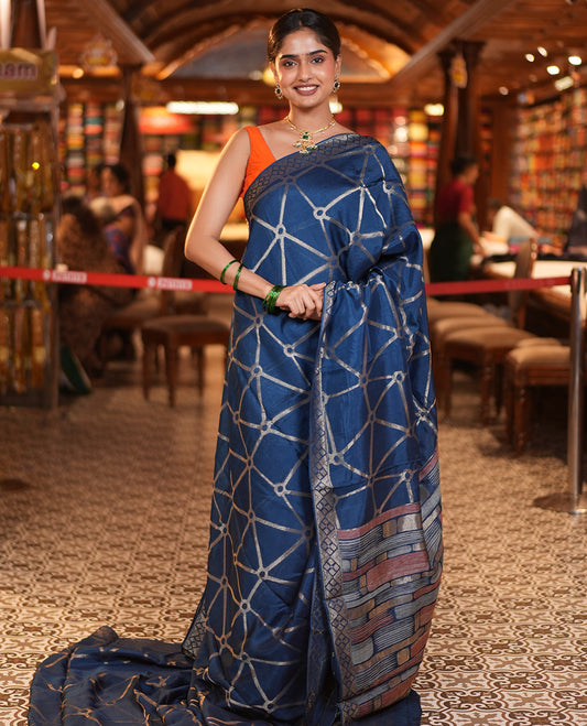 Royal Blue Chanderi Cotton Saree, Bedecked with Geometric Web-Patterns Weave On Its Body, Subtle Geometric Border, Pallu of Geometric Weave, and Paired with a Matching Blouse