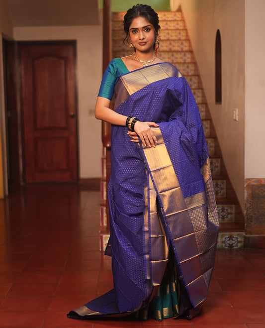 Navy Blue Budget Silk Saree Features Zari Buttas, Getti Zari Border, Grand Pallu, a Matching Blouse