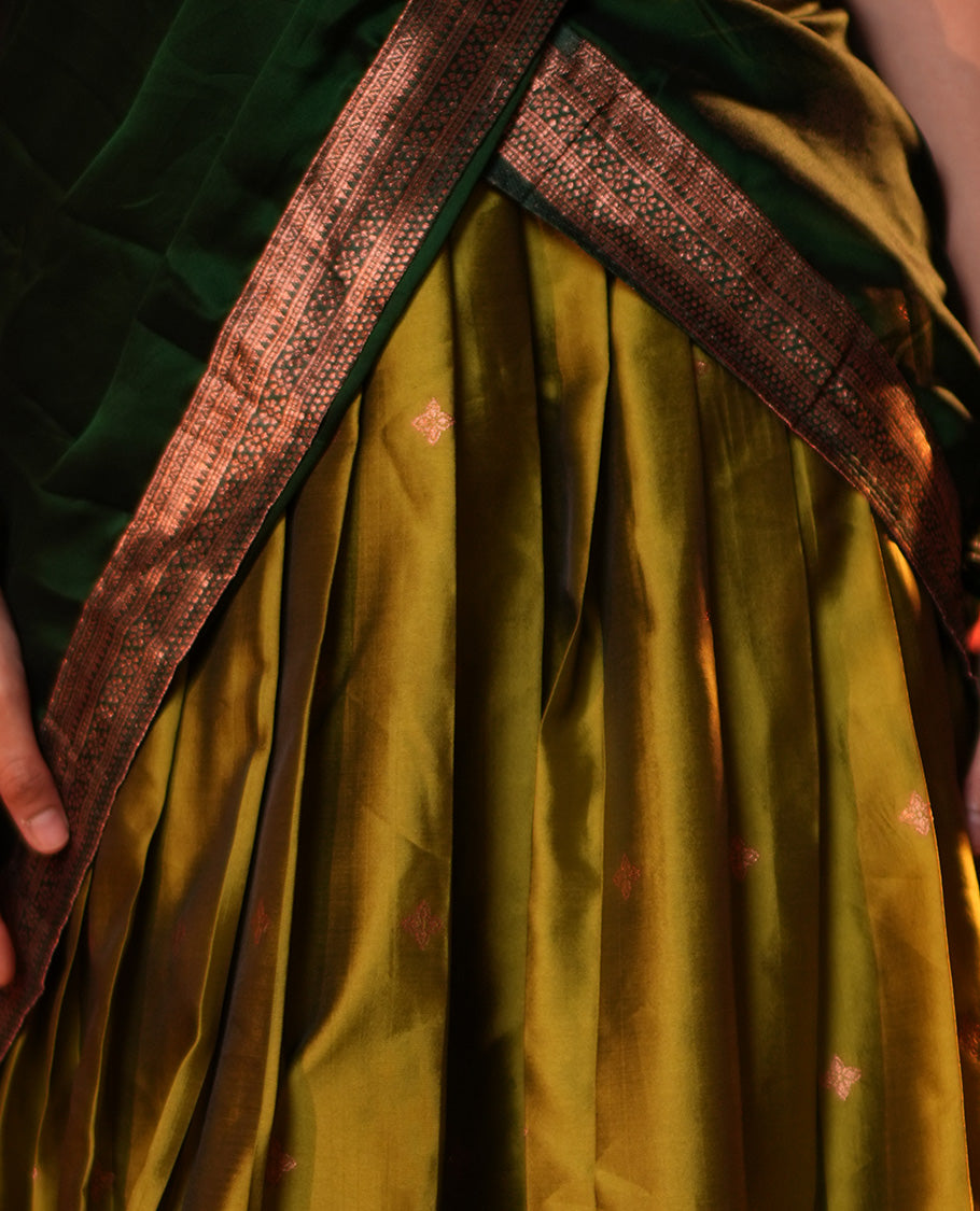 Parrot Green-Leaf Green Semi-Silk Half-Saree, Zari Buttas Skirt, Contrast Traditional Zari Border, a Matching Blouse, a Contrast Blouse