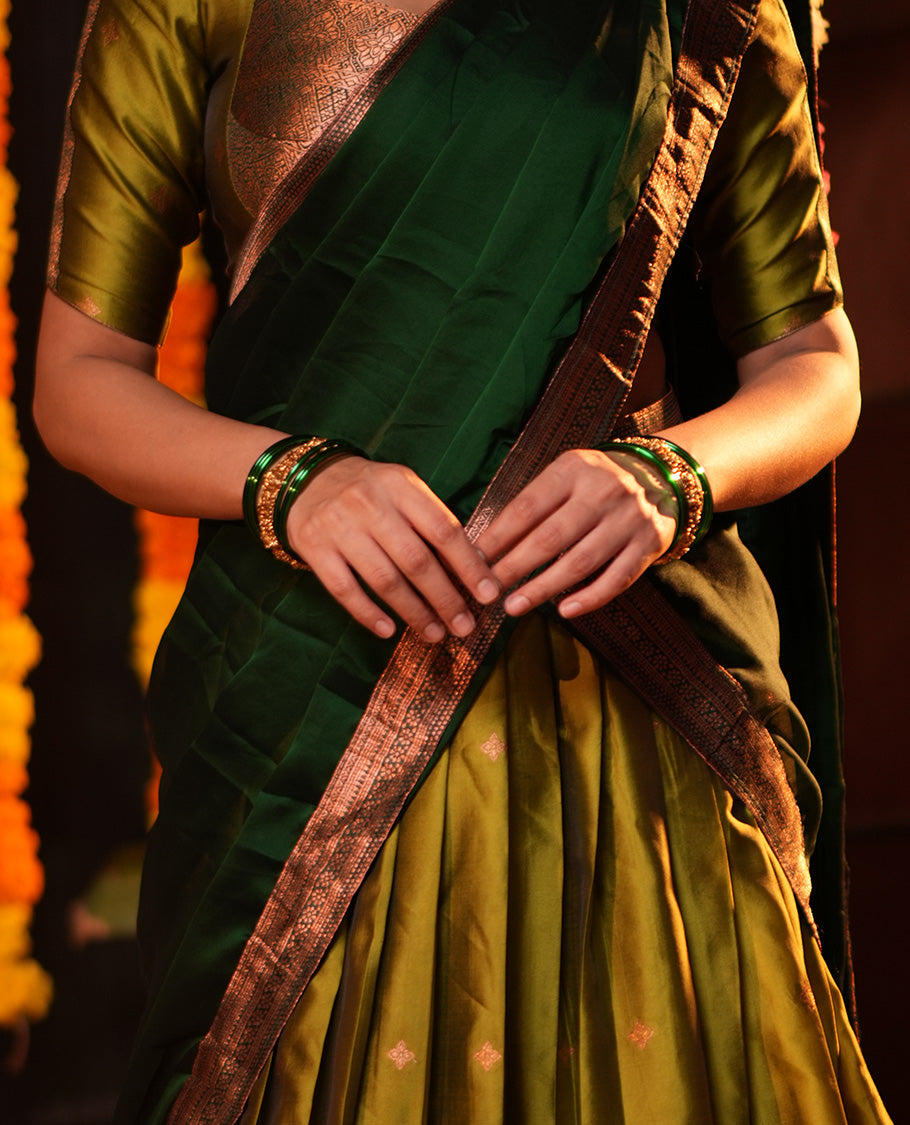 Parrot Green-Leaf Green Semi-Silk Half-Saree, Zari Buttas Skirt, Contrast Traditional Zari Border, a Matching Blouse, a Contrast Blouse