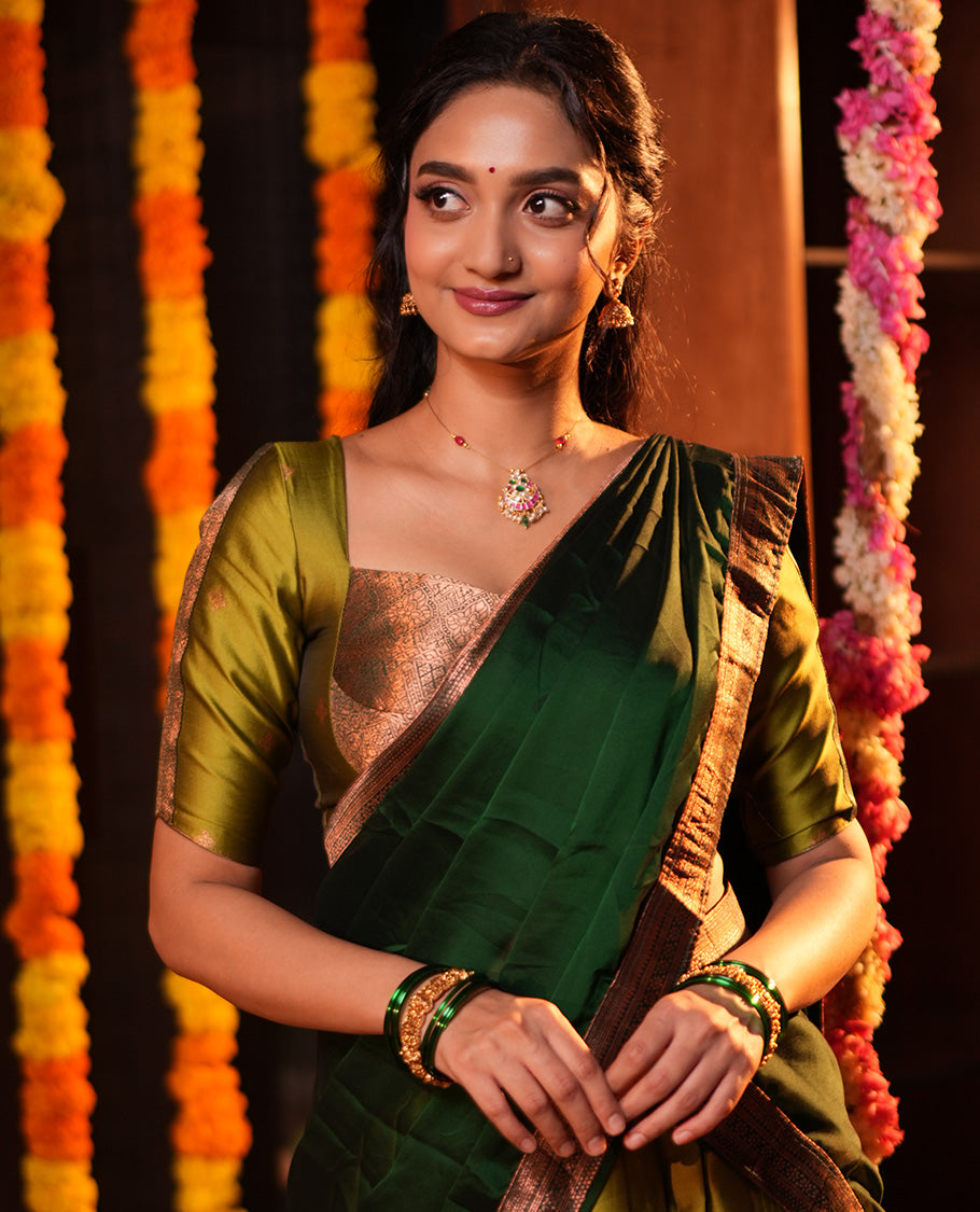 Parrot Green-Leaf Green Semi-Silk Half-Saree, Zari Buttas Skirt, Contrast Traditional Zari Border, a Matching Blouse, a Contrast Blouse