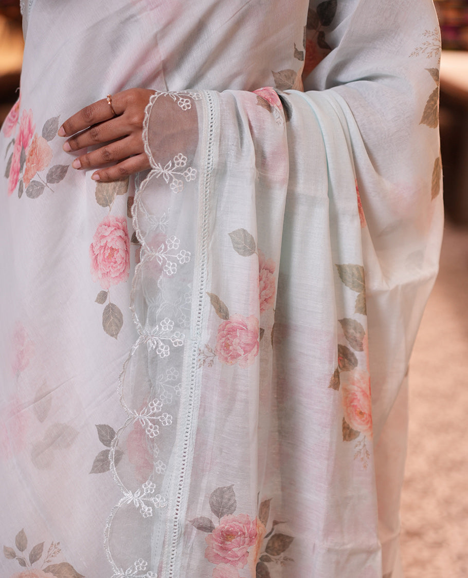 Sky Blue Floral Motifs Chanderi Cotton Saree