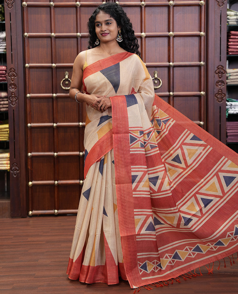 Gold Tissue Saree, Decked Up with Colorful Triangle Motifs Printed on Its Body, Complemented by a Contrast Border, Pallu Steeped with Triangle Motifs Print, and Paired with a Contrast Printed Blouse