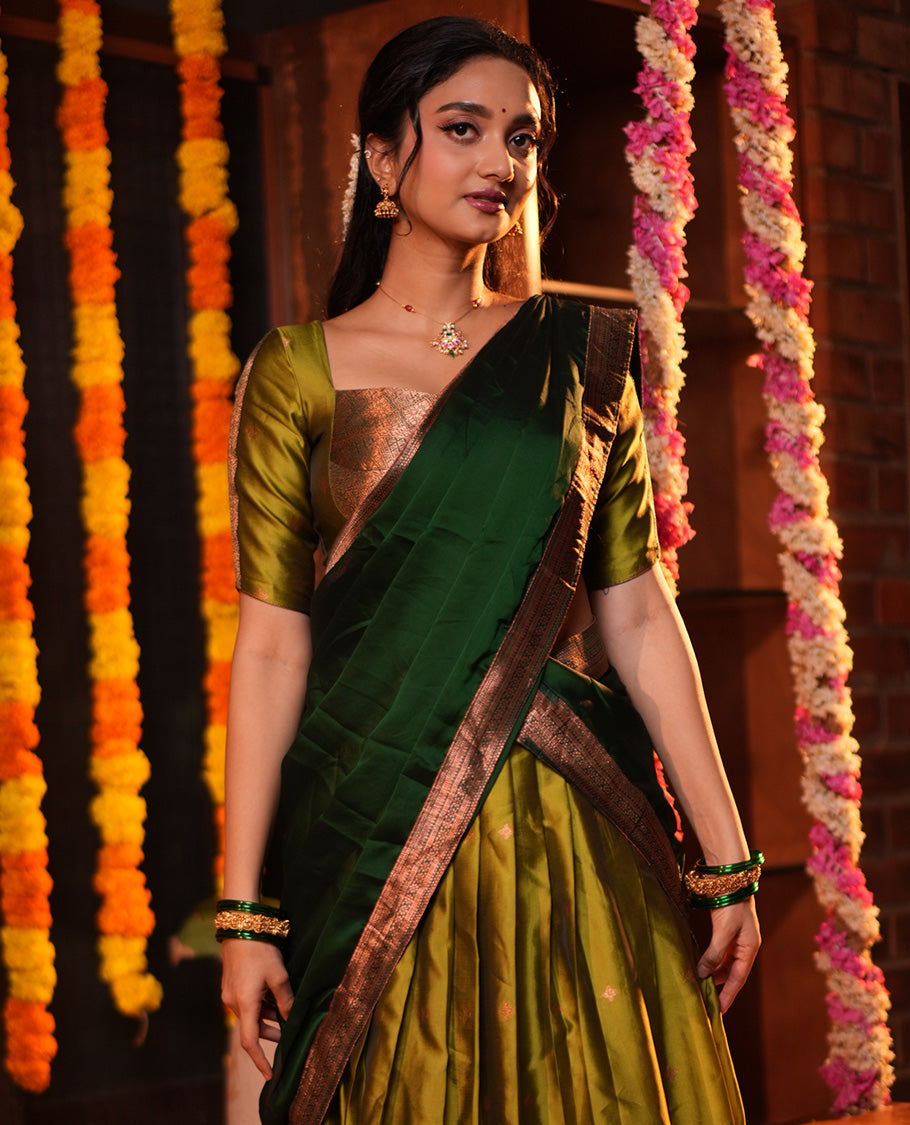 Parrot Green-Leaf Green Semi-Silk Half-Saree, Zari Buttas Skirt, Contrast Traditional Zari Border, a Matching Blouse, a Contrast Blouse