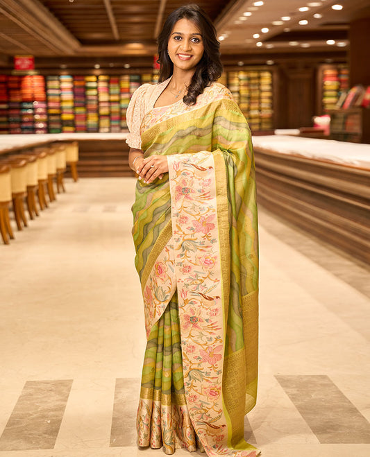 Green motifs, abstract design tussar saree with contrast floral design border & checked design pallu