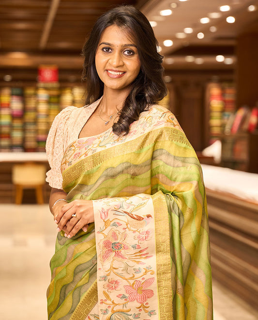 Green motifs, abstract design tussar saree with contrast floral design border & checked design pallu