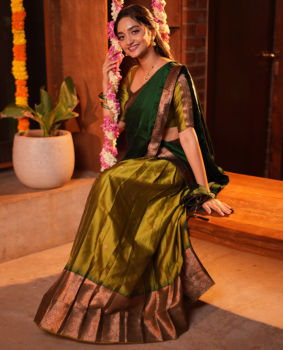 Parrot Green-Leaf Green Semi-Silk Half-Saree, Zari Buttas Skirt, Contrast Traditional Zari Border, a Matching Blouse, a Contrast Blouse