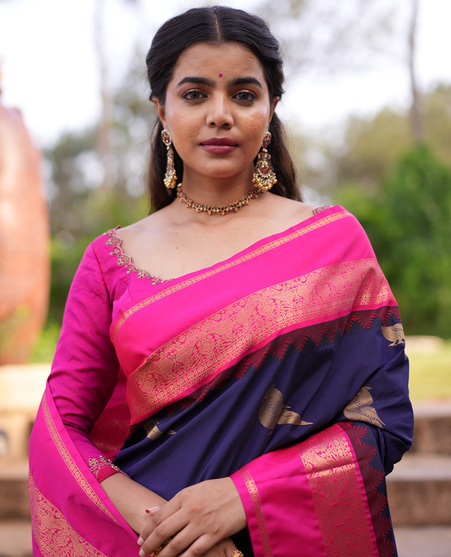 Navy Blue Parrot Motif Budget Silk Saree, a Contrast Rettai Pettu Border, and a Contrast Blouse