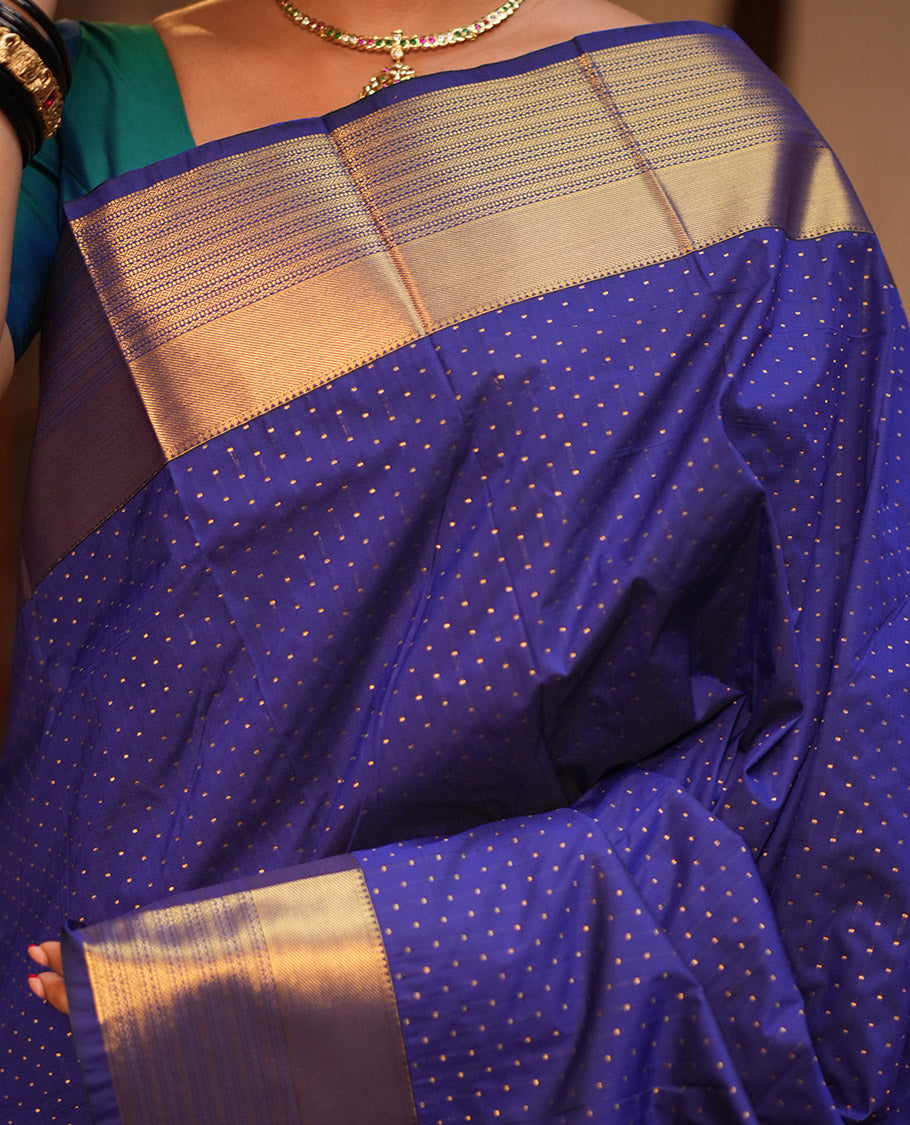 Navy Blue Budget Silk Saree Features Zari Buttas, Getti Zari Border, Grand Pallu, a Matching Blouse