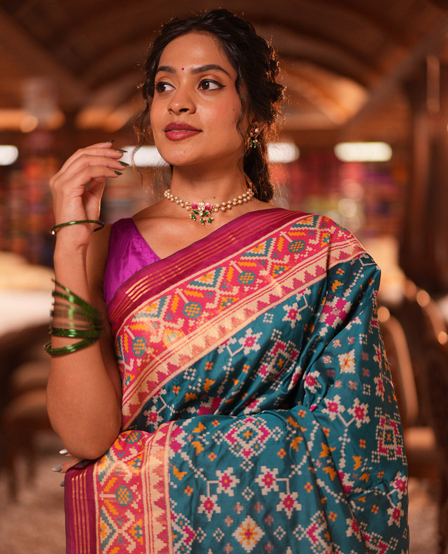 Peacock Green Intricate Motif Semi-Patan Patola Saree, Contrast Patola Tissue Border, and a Contrast Blouse