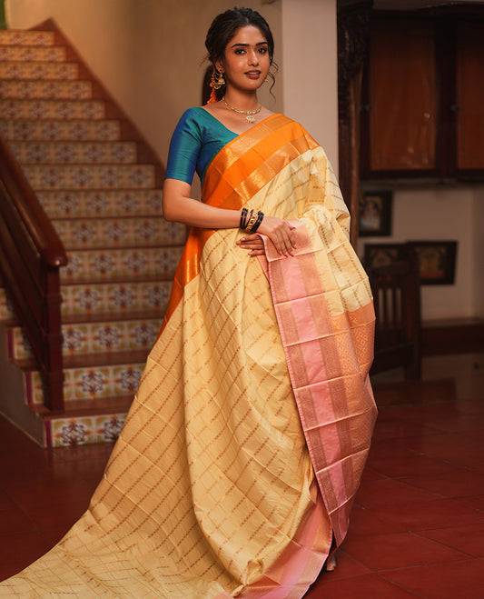 Cream Zari Striped Budget Silksaree,Contrast Ganga Jamuna Rettai Pettu Border,Jaal Pallu, Contrast Blouse