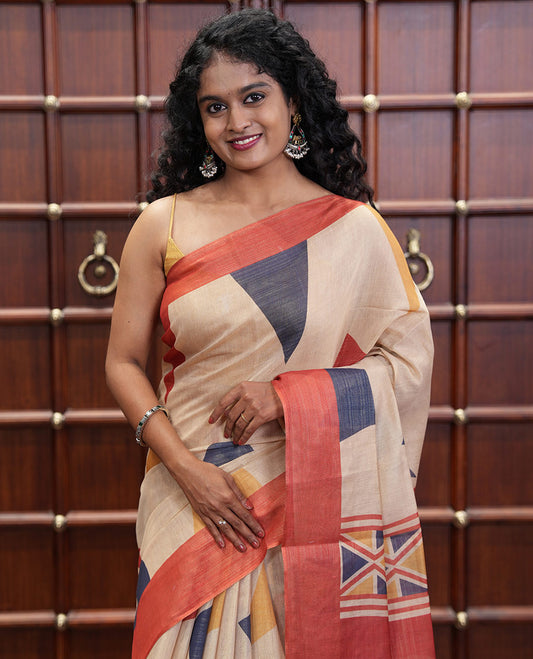 Gold Tissue Saree, Decked Up with Colorful Triangle Motifs Printed on Its Body, Complemented by a Contrast Border, Pallu Steeped with Triangle Motifs Print, and Paired with a Contrast Printed Blouse