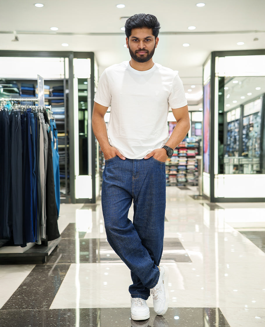 Dark Blue Plain Denim Trousers Come with a Baggy Mom Fit and Regular Length