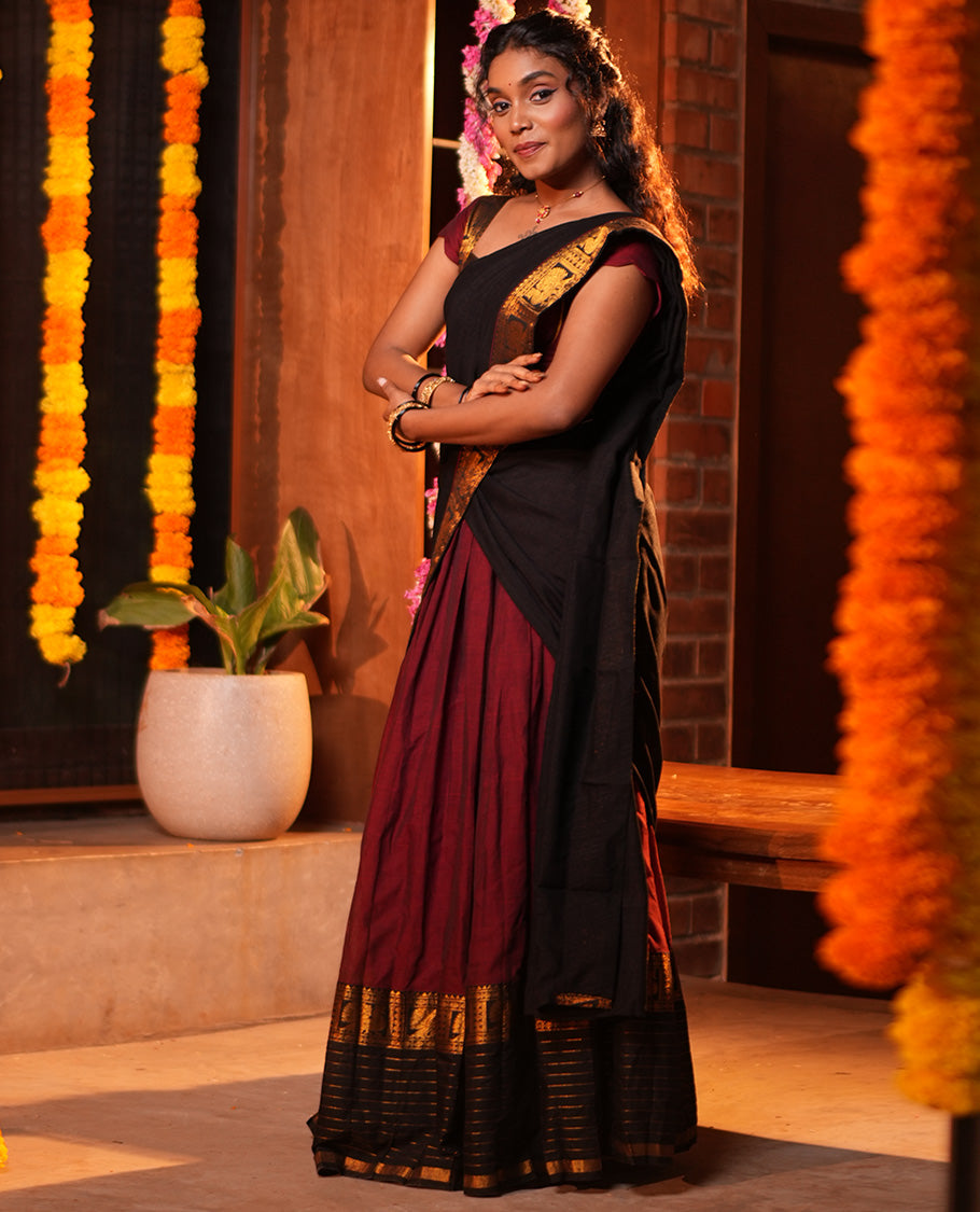 Maroon-Black Mercerised Cotton Half-Saree, Plain Skirt, Contrast Traditional Annam Border, Matching Blouse, Contrast Dhavani