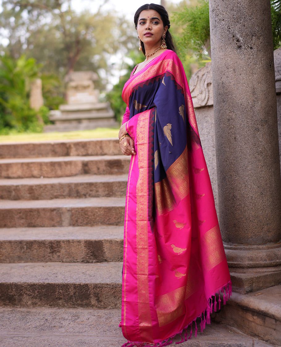 Navy Blue Parrot Motif Budget Silk Saree, a Contrast Rettai Pettu Border, and a Contrast Blouse