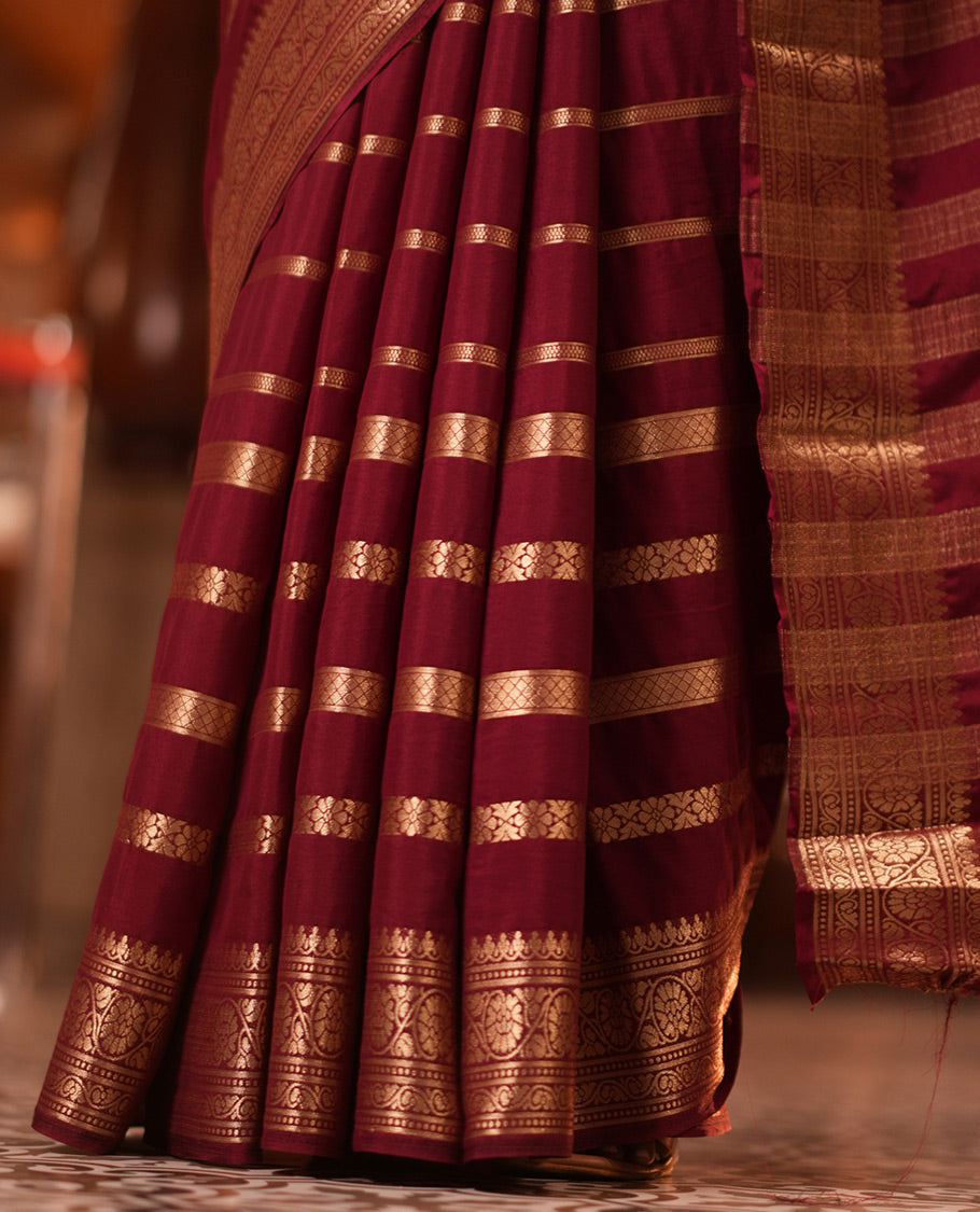 Maroon Zari Design Mysore Silk Saree, a Traditional Zari Border, Zari Striped Pallu, and a Matching Blouse
