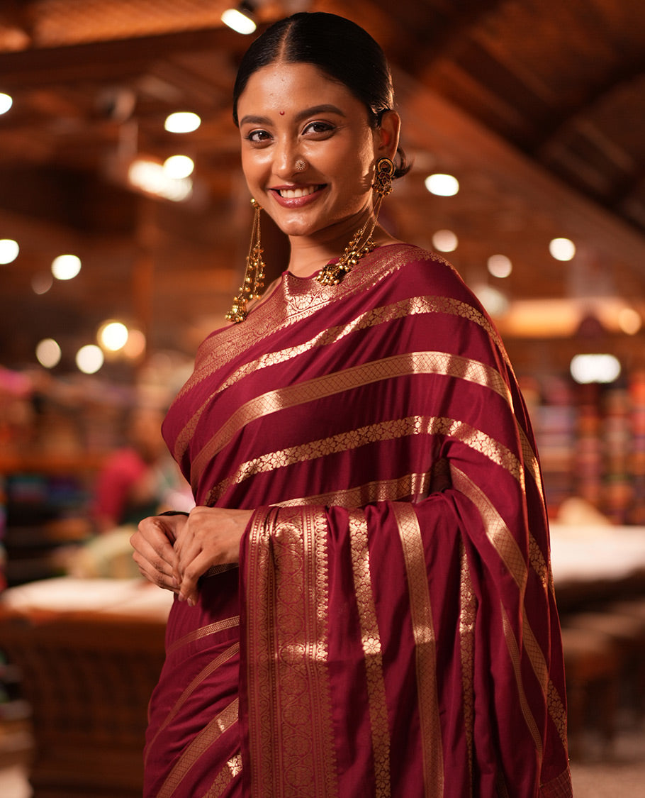 Maroon Zari Design Mysore Silk Saree, a Traditional Zari Border, Zari Striped Pallu, and a Matching Blouse