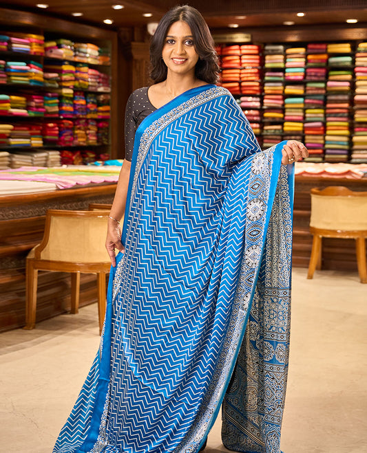 Blue zig zag digital printed design gajji silk saree with ajrak printed border & ajrak printed pallu along with printed blouse