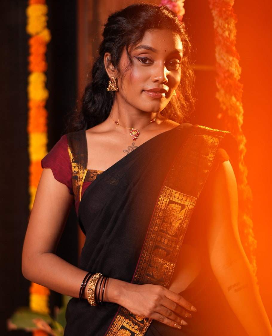Maroon-Black Mercerised Cotton Half-Saree, Plain Skirt, Contrast Traditional Annam Border, Matching Blouse, Contrast Dhavani