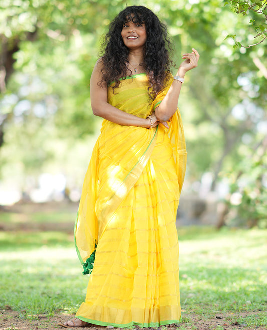 Yellow Khadi Mul Cotton Saree, Steeped with Horizontal Stripes, a Contrast Gold Zari Border, Striped Pallu, and No Blouse